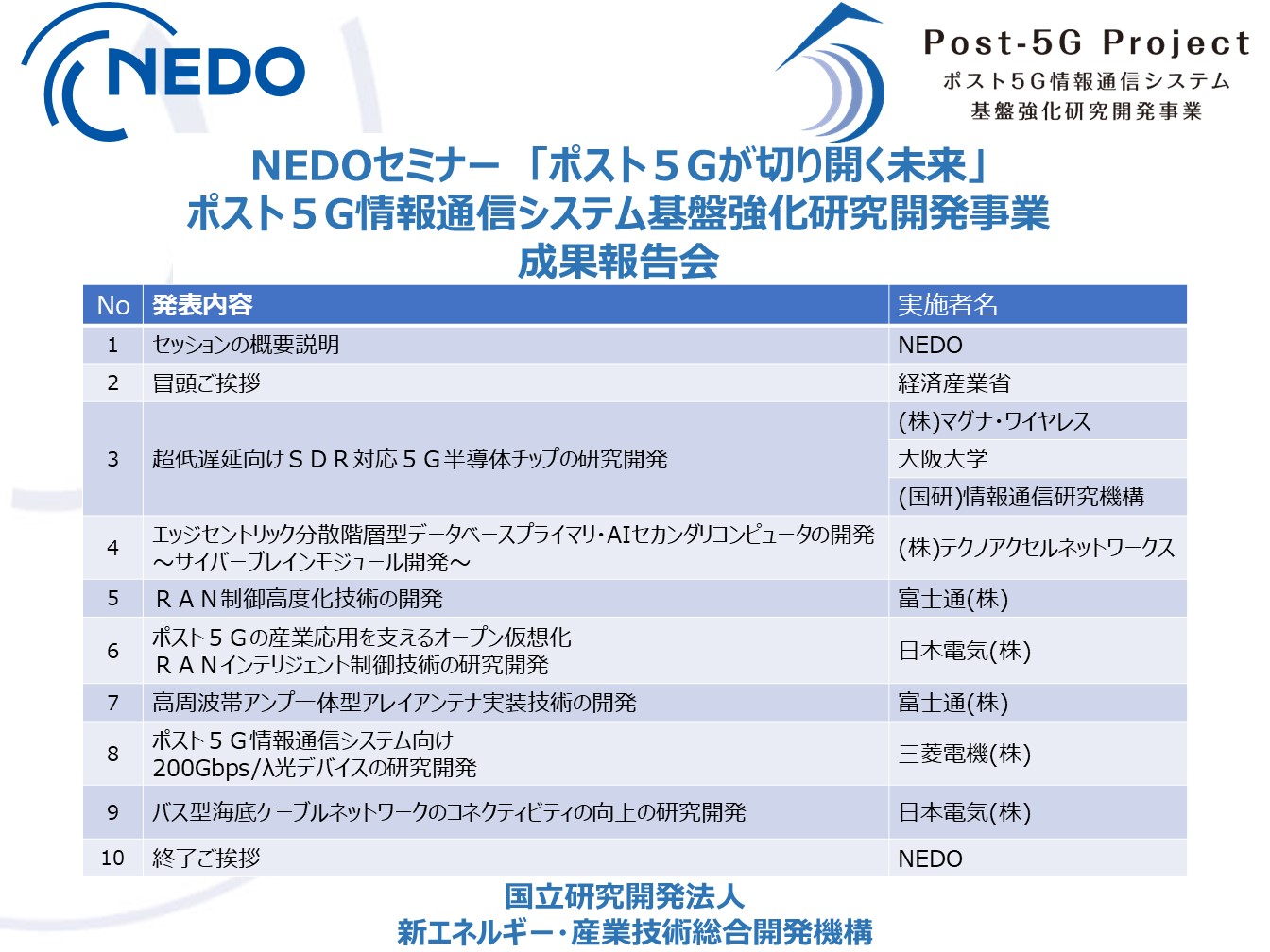 NEDOセミナー 「ポスト５Gが切り開く未来」 ポスト５G情報通信システム基盤強化研究開発事業 成果報告会 | CONFERENCE | CEATEC  2024 Toward Society 5.0 公式サイト